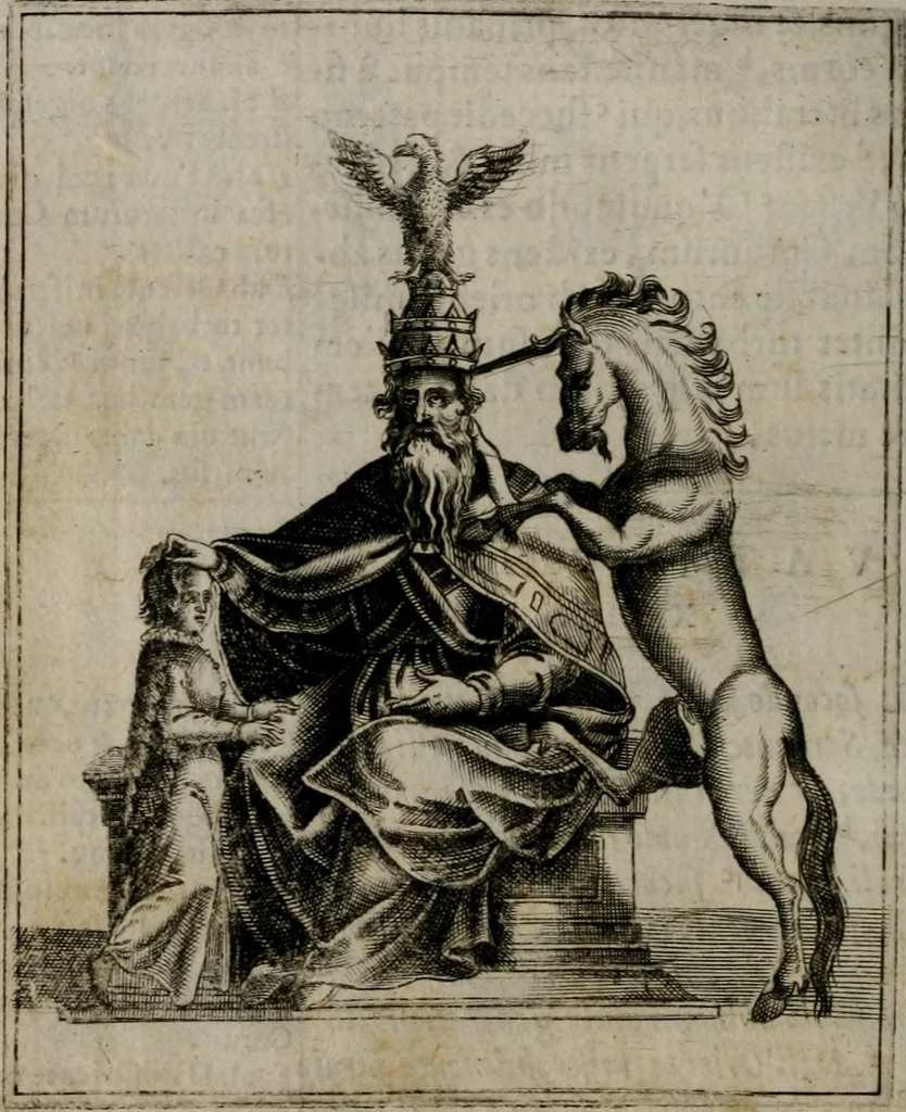 An illustration from Vaticinia, siue Prophetiae abbatis Ioachimi & Anselmi episcopi Marsicani : cum imaginibus aere incisis, correctione et pulcritudine, plurium manuscriptorum exemplariu[m] op[er]e, et uariaru[m] imaginu[m] tabulis, et delineationibu[s], alijs ante hac impressis longè praestantiora : quibus Rota, et Oraculum turcicum maxime considerationis adiecta sunt : vnà cum praefatione, et adnotationibus Paschalini Regiselmi = Vaticinii, ouero Profetie dell'abbate Gioachino, & di Anselmo vescouo di Marsico : con l'imagini intagliate in rame, di correttione, et uaghezza maggiore, che gl'atri sin' hora stampati, per l'aggiuto di molti exemplari scritti à penna, et per le pitture, et disegni di uarie imagini : à qualli è aggionta una Ruota, et un' oracolo Turchesco di grandissima co[n]sideratione : insieme con la prefatione, et annotationi di Pasqualino Regiselmo, 1589, leaf 73