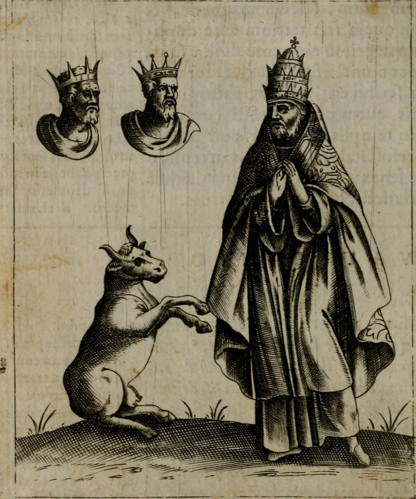 An illustration from Vaticinia, siue Prophetiae abbatis Ioachimi & Anselmi episcopi Marsicani : cum imaginibus aere incisis, correctione et pulcritudine, plurium manuscriptorum exemplariu[m] op[er]e, et uariaru[m] imaginu[m] tabulis, et delineationibu[s], alijs ante hac impressis longè praestantiora : quibus Rota, et Oraculum turcicum maxime considerationis adiecta sunt : vnà cum praefatione, et adnotationibus Paschalini Regiselmi = Vaticinii, ouero Profetie dell'abbate Gioachino, & di Anselmo vescouo di Marsico : con l'imagini intagliate in rame, di correttione, et uaghezza maggiore, che gl'atri sin' hora stampati, per l'aggiuto di molti exemplari scritti à penna, et per le pitture, et disegni di uarie imagini : à qualli è aggionta una Ruota, et un' oracolo Turchesco di grandissima co[n]sideratione : insieme con la prefatione, et annotationi di Pasqualino Regiselmo, 1589, leaf 79