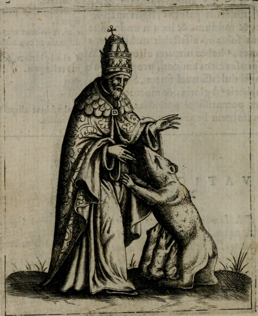 An illustration from Vaticinia, siue Prophetiae abbatis Ioachimi & Anselmi episcopi Marsicani : cum imaginibus aere incisis, correctione et pulcritudine, plurium manuscriptorum exemplariu[m] op[er]e, et uariaru[m] imaginu[m] tabulis, et delineationibu[s], alijs ante hac impressis longè praestantiora : quibus Rota, et Oraculum turcicum maxime considerationis adiecta sunt : vnà cum praefatione, et adnotationibus Paschalini Regiselmi = Vaticinii, ouero Profetie dell'abbate Gioachino, & di Anselmo vescouo di Marsico : con l'imagini intagliate in rame, di correttione, et uaghezza maggiore, che gl'atri sin' hora stampati, per l'aggiuto di molti exemplari scritti à penna, et per le pitture, et disegni di uarie imagini : à qualli è aggionta una Ruota, et un' oracolo Turchesco di grandissima co[n]sideratione : insieme con la prefatione, et annotationi di Pasqualino Regiselmo, 1589, leaf 81
