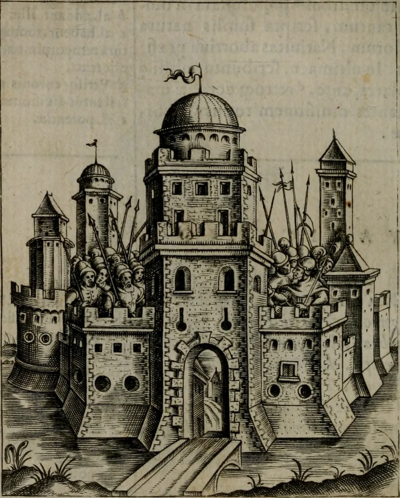 An illustration from Vaticinia, siue Prophetiae abbatis Ioachimi & Anselmi episcopi Marsicani : cum imaginibus aere incisis, correctione et pulcritudine, plurium manuscriptorum exemplariu[m] op[er]e, et uariaru[m] imaginu[m] tabulis, et delineationibu[s], alijs ante hac impressis longè praestantiora : quibus Rota, et Oraculum turcicum maxime considerationis adiecta sunt : vnà cum praefatione, et adnotationibus Paschalini Regiselmi = Vaticinii, ouero Profetie dell'abbate Gioachino, & di Anselmo vescouo di Marsico : con l'imagini intagliate in rame, di correttione, et uaghezza maggiore, che gl'atri sin' hora stampati, per l'aggiuto di molti exemplari scritti à penna, et per le pitture, et disegni di uarie imagini : à qualli è aggionta una Ruota, et un' oracolo Turchesco di grandissima co[n]sideratione : insieme con la prefatione, et annotationi di Pasqualino Regiselmo, 1589, leaf 83