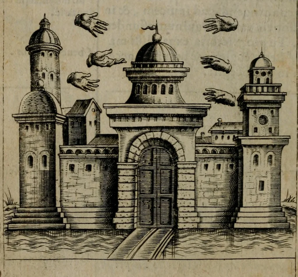 An illustration from Vaticinia, siue Prophetiae abbatis Ioachimi & Anselmi episcopi Marsicani : cum imaginibus aere incisis, correctione et pulcritudine, plurium manuscriptorum exemplariu[m] op[er]e, et uariaru[m] imaginu[m] tabulis, et delineationibu[s], alijs ante hac impressis longè praestantiora : quibus Rota, et Oraculum turcicum maxime considerationis adiecta sunt : vnà cum praefatione, et adnotationibus Paschalini Regiselmi = Vaticinii, ouero Profetie dell'abbate Gioachino, & di Anselmo vescouo di Marsico : con l'imagini intagliate in rame, di correttione, et uaghezza maggiore, che gl'atri sin' hora stampati, per l'aggiuto di molti exemplari scritti à penna, et per le pitture, et disegni di uarie imagini : à qualli è aggionta una Ruota, et un' oracolo Turchesco di grandissima co[n]sideratione : insieme con la prefatione, et annotationi di Pasqualino Regiselmo, 1589, leaf 87