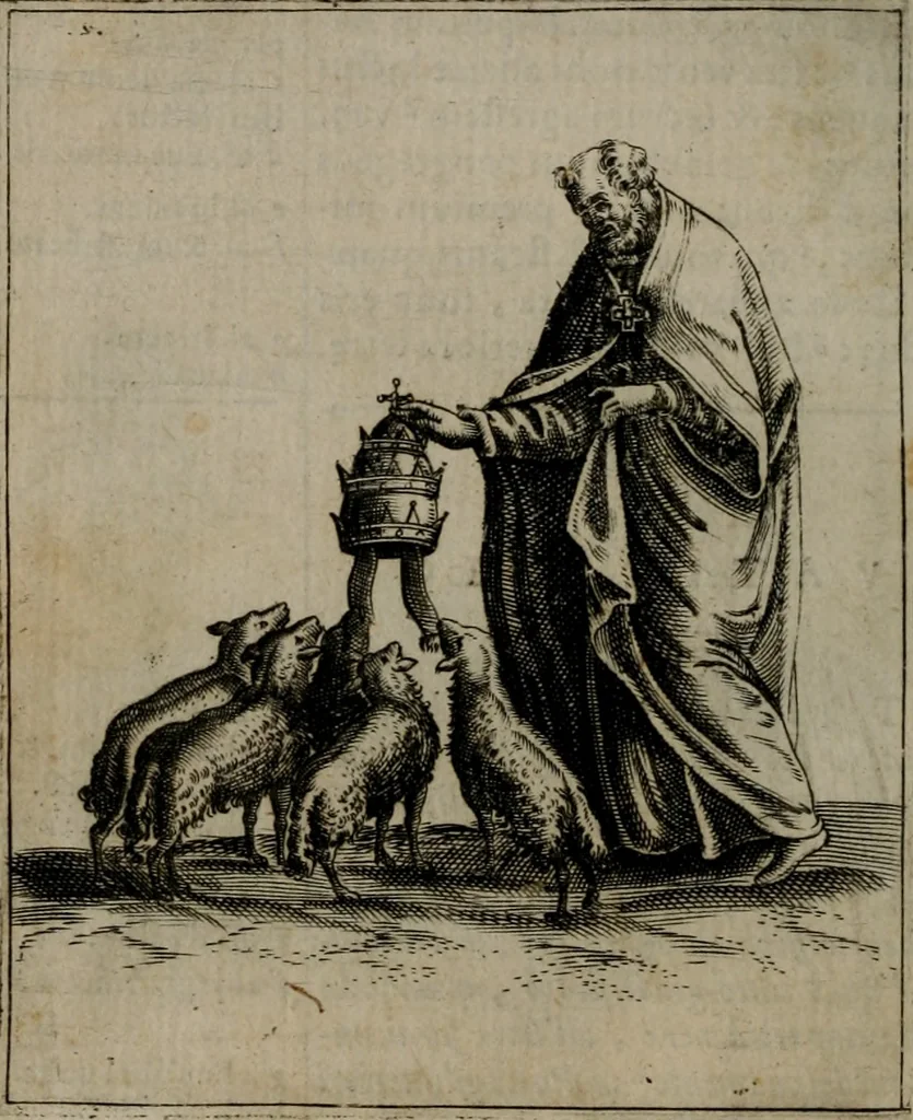 An illustration from Vaticinia, siue Prophetiae abbatis Ioachimi & Anselmi episcopi Marsicani : cum imaginibus aere incisis, correctione et pulcritudine, plurium manuscriptorum exemplariu[m] op[er]e, et uariaru[m] imaginu[m] tabulis, et delineationibu[s], alijs ante hac impressis longè praestantiora : quibus Rota, et Oraculum turcicum maxime considerationis adiecta sunt : vnà cum praefatione, et adnotationibus Paschalini Regiselmi = Vaticinii, ouero Profetie dell'abbate Gioachino, & di Anselmo vescouo di Marsico : con l'imagini intagliate in rame, di correttione, et uaghezza maggiore, che gl'atri sin' hora stampati, per l'aggiuto di molti exemplari scritti à penna, et per le pitture, et disegni di uarie imagini : à qualli è aggionta una Ruota, et un' oracolo Turchesco di grandissima co[n]sideratione : insieme con la prefatione, et annotationi di Pasqualino Regiselmo, 1589, leaf 91