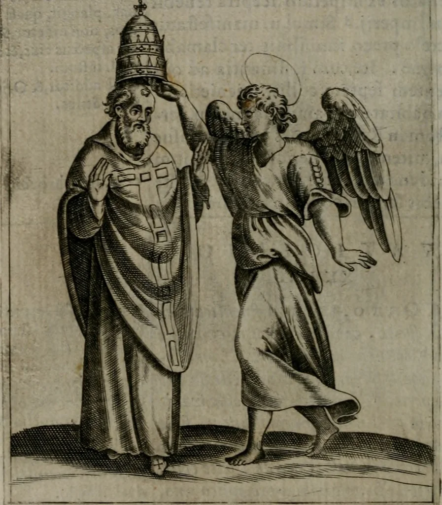 An illustration from Vaticinia, siue Prophetiae abbatis Ioachimi & Anselmi episcopi Marsicani : cum imaginibus aere incisis, correctione et pulcritudine, plurium manuscriptorum exemplariu[m] op[er]e, et uariaru[m] imaginu[m] tabulis, et delineationibu[s], alijs ante hac impressis longè praestantiora : quibus Rota, et Oraculum turcicum maxime considerationis adiecta sunt : vnà cum praefatione, et adnotationibus Paschalini Regiselmi = Vaticinii, ouero Profetie dell'abbate Gioachino, & di Anselmo vescouo di Marsico : con l'imagini intagliate in rame, di correttione, et uaghezza maggiore, che gl'atri sin' hora stampati, per l'aggiuto di molti exemplari scritti à penna, et per le pitture, et disegni di uarie imagini : à qualli è aggionta una Ruota, et un' oracolo Turchesco di grandissima co[n]sideratione : insieme con la prefatione, et annotationi di Pasqualino Regiselmo, 1589, leaf 93
