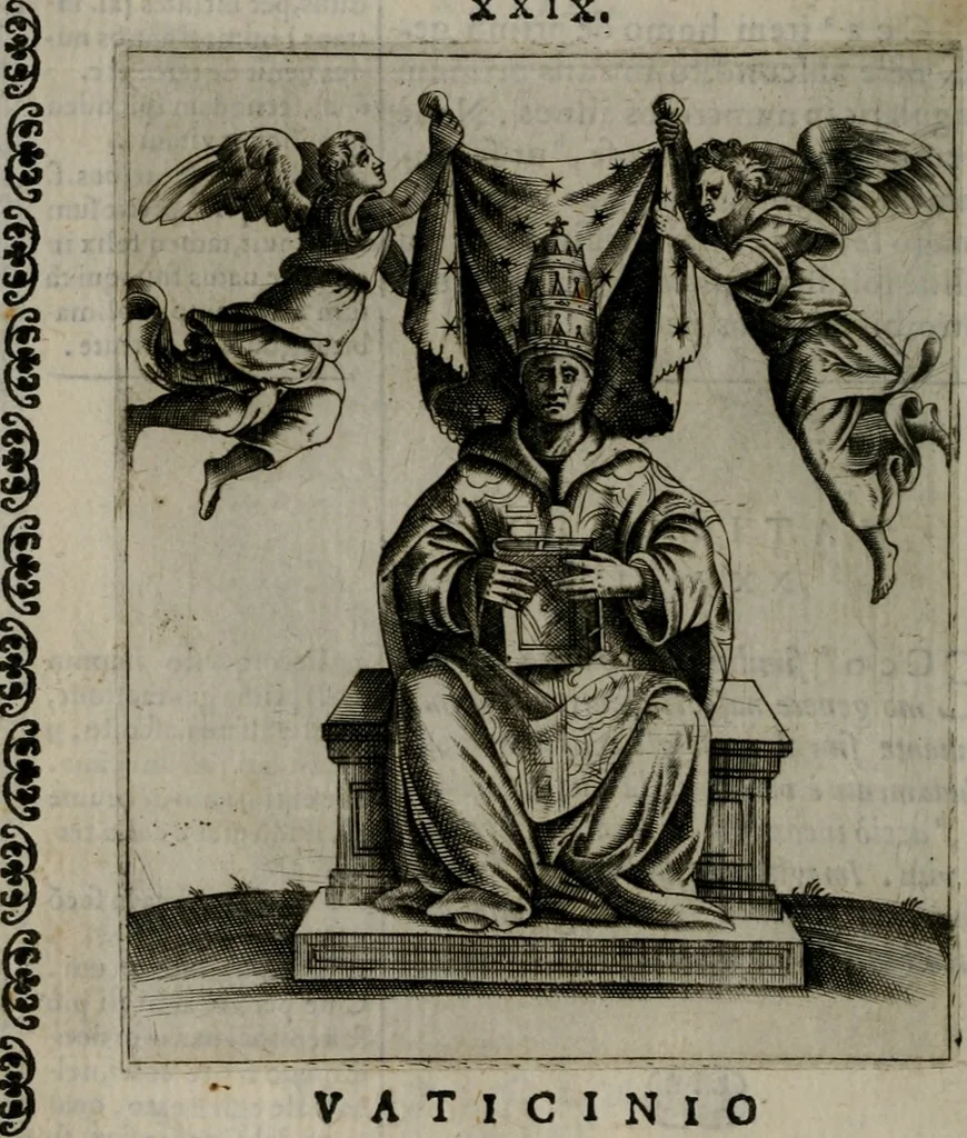 An illustration from Vaticinia, siue Prophetiae abbatis Ioachimi & Anselmi episcopi Marsicani : cum imaginibus aere incisis, correctione et pulcritudine, plurium manuscriptorum exemplariu[m] op[er]e, et uariaru[m] imaginu[m] tabulis, et delineationibu[s], alijs ante hac impressis longè praestantiora : quibus Rota, et Oraculum turcicum maxime considerationis adiecta sunt : vnà cum praefatione, et adnotationibus Paschalini Regiselmi = Vaticinii, ouero Profetie dell'abbate Gioachino, & di Anselmo vescouo di Marsico : con l'imagini intagliate in rame, di correttione, et uaghezza maggiore, che gl'atri sin' hora stampati, per l'aggiuto di molti exemplari scritti à penna, et per le pitture, et disegni di uarie imagini : à qualli è aggionta una Ruota, et un' oracolo Turchesco di grandissima co[n]sideratione : insieme con la prefatione, et annotationi di Pasqualino Regiselmo, 1589, leaf 95