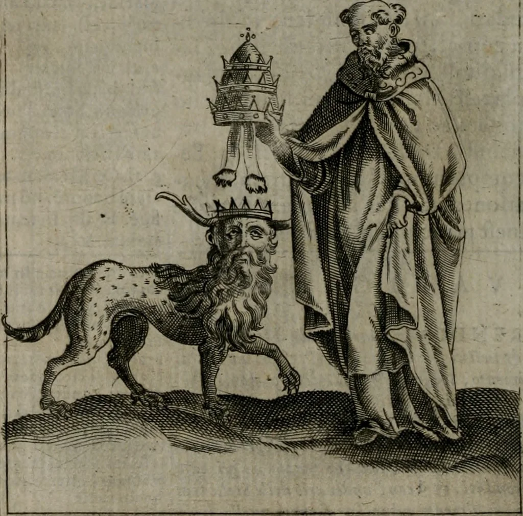 An illustration from Vaticinia, siue Prophetiae abbatis Ioachimi & Anselmi episcopi Marsicani : cum imaginibus aere incisis, correctione et pulcritudine, plurium manuscriptorum exemplariu[m] op[er]e, et uariaru[m] imaginu[m] tabulis, et delineationibu[s], alijs ante hac impressis longè praestantiora : quibus Rota, et Oraculum turcicum maxime considerationis adiecta sunt : vnà cum praefatione, et adnotationibus Paschalini Regiselmi = Vaticinii, ouero Profetie dell'abbate Gioachino, & di Anselmo vescouo di Marsico : con l'imagini intagliate in rame, di correttione, et uaghezza maggiore, che gl'atri sin' hora stampati, per l'aggiuto di molti exemplari scritti à penna, et per le pitture, et disegni di uarie imagini : à qualli è aggionta una Ruota, et un' oracolo Turchesco di grandissima co[n]sideratione : insieme con la prefatione, et annotationi di Pasqualino Regiselmo, 1589, leaf 97