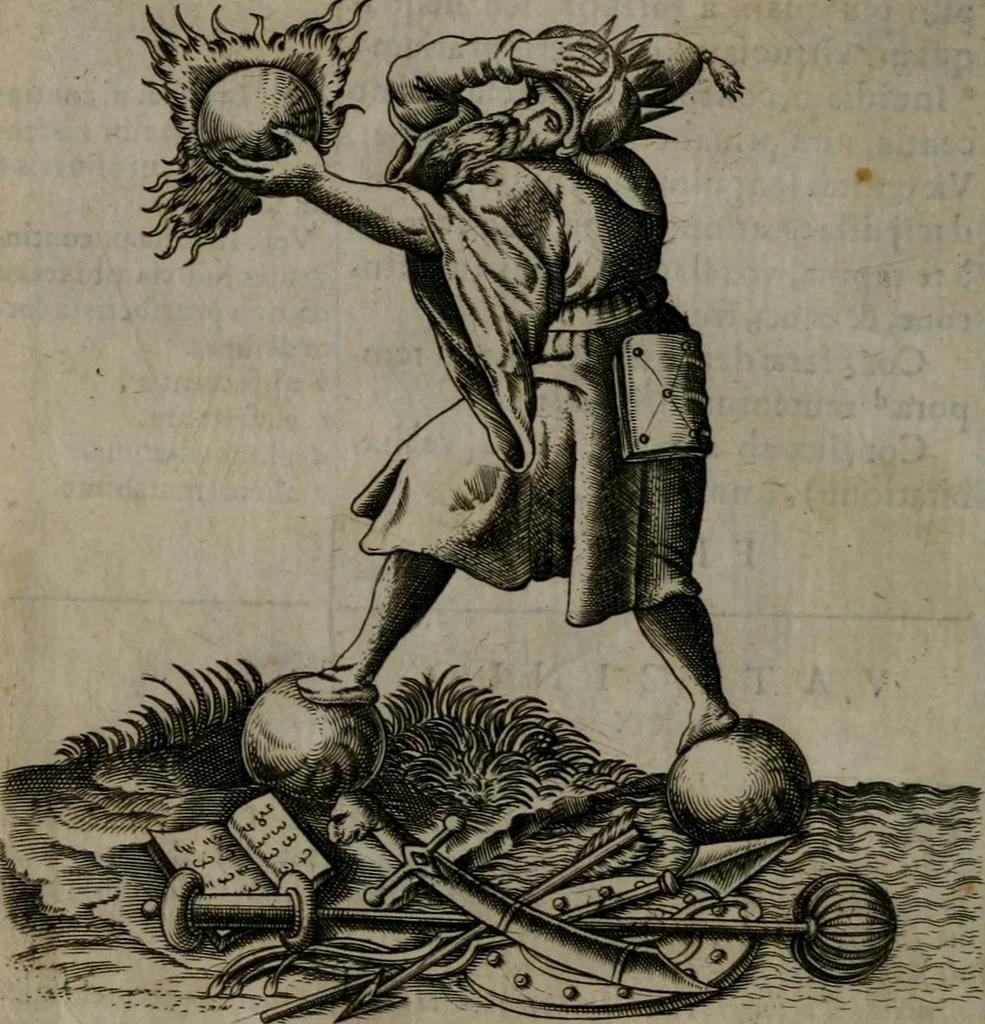 An illustration from Vaticinia, siue Prophetiae abbatis Ioachimi & Anselmi episcopi Marsicani : cum imaginibus aere incisis, correctione et pulcritudine, plurium manuscriptorum exemplariu[m] op[er]e, et uariaru[m] imaginu[m] tabulis, et delineationibu[s], alijs ante hac impressis longè praestantiora : quibus Rota, et Oraculum turcicum maxime considerationis adiecta sunt : vnà cum praefatione, et adnotationibus Paschalini Regiselmi = Vaticinii, ouero Profetie dell'abbate Gioachino, & di Anselmo vescouo di Marsico : con l'imagini intagliate in rame, di correttione, et uaghezza maggiore, che gl'atri sin' hora stampati, per l'aggiuto di molti exemplari scritti à penna, et per le pitture, et disegni di uarie imagini : à qualli è aggionta una Ruota, et un' oracolo Turchesco di grandissima co[n]sideratione : insieme con la prefatione, et annotationi di Pasqualino Regiselmo, 1589, leaf 99