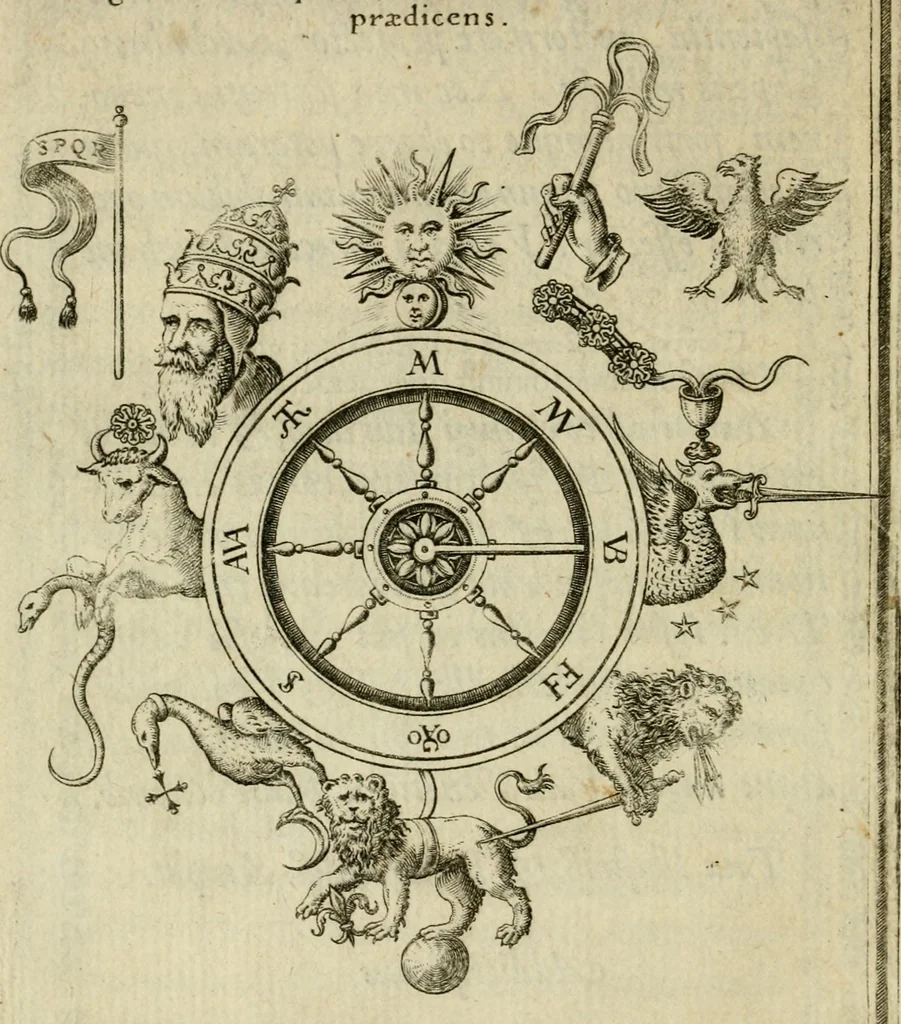 An illustration from Vaticinia, siue, Prophetiae abbatis Joachimi & Anselmi episcopi Marsicani : cum imaginibus aere incisis, correctione et pulcritudine, plurium manuscriptorum exemplariu op[er]e ... : qvibvs rota et oraculum turcicum maxime considerationis adiecta sunt : vna cum praefatione et adnotationibus Paschalini Regiselmi = Vaticinii, ouero, Profetie dell'abbate Gioachino & di Anselmo vescovo di Marsico .., 1589, leaf 11