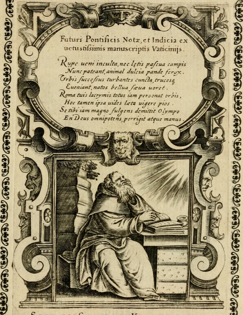 An illustration from Vaticinia, siue, Prophetiae abbatis Joachimi & Anselmi episcopi Marsicani : cum imaginibus aere incisis, correctione et pulcritudine, plurium manuscriptorum exemplariu op[er]e ... : qvibvs rota et oraculum turcicum maxime considerationis adiecta sunt : vna cum praefatione et adnotationibus Paschalini Regiselmi = Vaticinii, ouero, Profetie dell'abbate Gioachino & di Anselmo vescovo di Marsico .., 1589, leaf 36