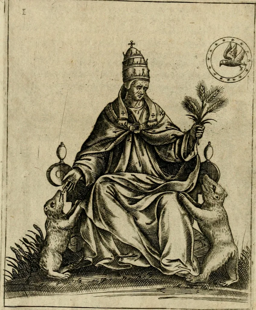An illustration from Vaticinia, siue, Prophetiae abbatis Joachimi & Anselmi episcopi Marsicani : cum imaginibus aere incisis, correctione et pulcritudine, plurium manuscriptorum exemplariu op[er]e ... : qvibvs rota et oraculum turcicum maxime considerationis adiecta sunt : vna cum praefatione et adnotationibus Paschalini Regiselmi = Vaticinii, ouero, Profetie dell'abbate Gioachino & di Anselmo vescovo di Marsico .., 1589, leaf 37