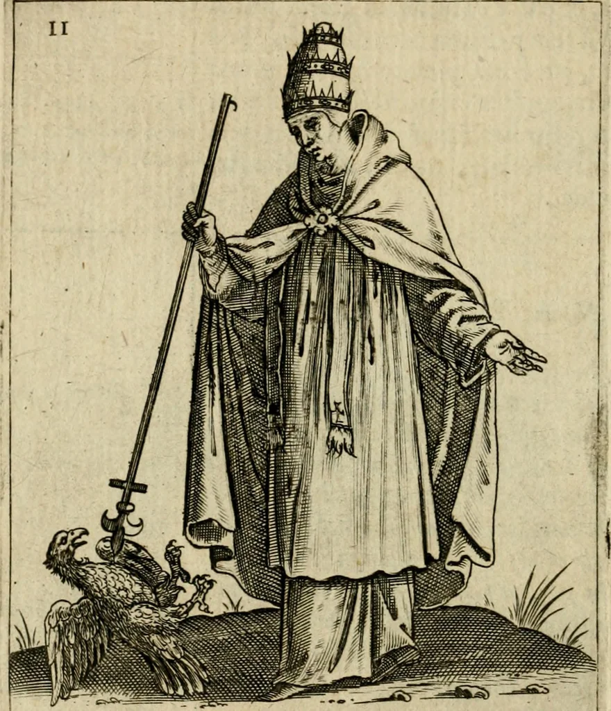 An illustration from Vaticinia, siue, Prophetiae abbatis Joachimi & Anselmi episcopi Marsicani : cum imaginibus aere incisis, correctione et pulcritudine, plurium manuscriptorum exemplariu op[er]e ... : qvibvs rota et oraculum turcicum maxime considerationis adiecta sunt : vna cum praefatione et adnotationibus Paschalini Regiselmi = Vaticinii, ouero, Profetie dell'abbate Gioachino & di Anselmo vescovo di Marsico .., 1589, leaf 39