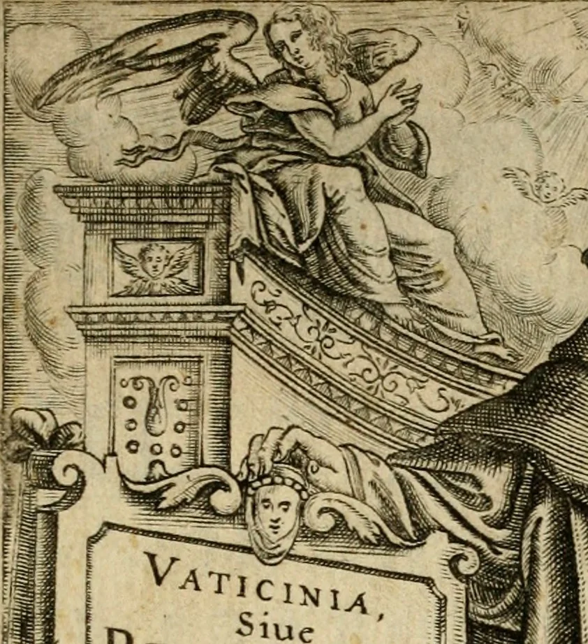 An illustration from Vaticinia, siue, Prophetiae abbatis Joachimi & Anselmi episcopi Marsicani : cum imaginibus aere incisis, correctione et pulcritudine, plurium manuscriptorum exemplariu op[er]e ... : qvibvs rota et oraculum turcicum maxime considerationis adiecta sunt : vna cum praefatione et adnotationibus Paschalini Regiselmi = Vaticinii, ouero, Profetie dell'abbate Gioachino & di Anselmo vescovo di Marsico .., 1589, leaf 4