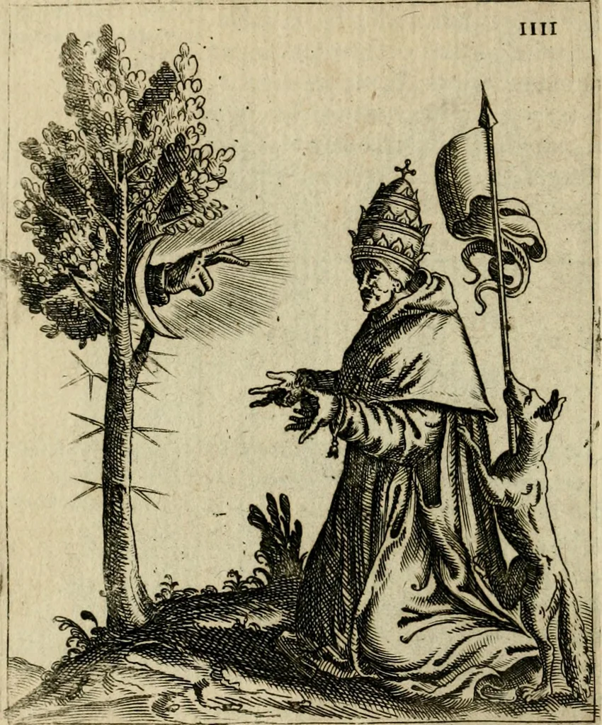 An illustration from Vaticinia, siue, Prophetiae abbatis Joachimi & Anselmi episcopi Marsicani : cum imaginibus aere incisis, correctione et pulcritudine, plurium manuscriptorum exemplariu op[er]e ... : qvibvs rota et oraculum turcicum maxime considerationis adiecta sunt : vna cum praefatione et adnotationibus Paschalini Regiselmi = Vaticinii, ouero, Profetie dell'abbate Gioachino & di Anselmo vescovo di Marsico .., 1589, leaf 43