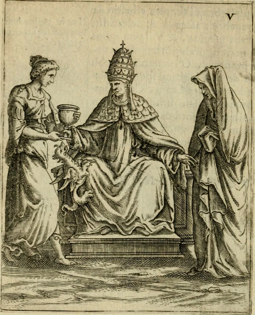 An illustration from Vaticinia, siue, Prophetiae abbatis Joachimi & Anselmi episcopi Marsicani : cum imaginibus aere incisis, correctione et pulcritudine, plurium manuscriptorum exemplariu op[er]e ... : qvibvs rota et oraculum turcicum maxime considerationis adiecta sunt : vna cum praefatione et adnotationibus Paschalini Regiselmi = Vaticinii, ouero, Profetie dell'abbate Gioachino & di Anselmo vescovo di Marsico .., 1589, leaf 45