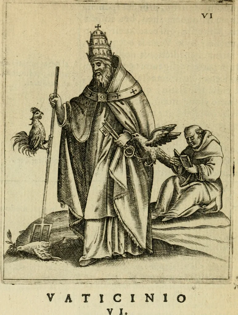 An illustration from Vaticinia, siue, Prophetiae abbatis Joachimi & Anselmi episcopi Marsicani : cum imaginibus aere incisis, correctione et pulcritudine, plurium manuscriptorum exemplariu op[er]e ... : qvibvs rota et oraculum turcicum maxime considerationis adiecta sunt : vna cum praefatione et adnotationibus Paschalini Regiselmi = Vaticinii, ouero, Profetie dell'abbate Gioachino & di Anselmo vescovo di Marsico .., 1589, leaf 47