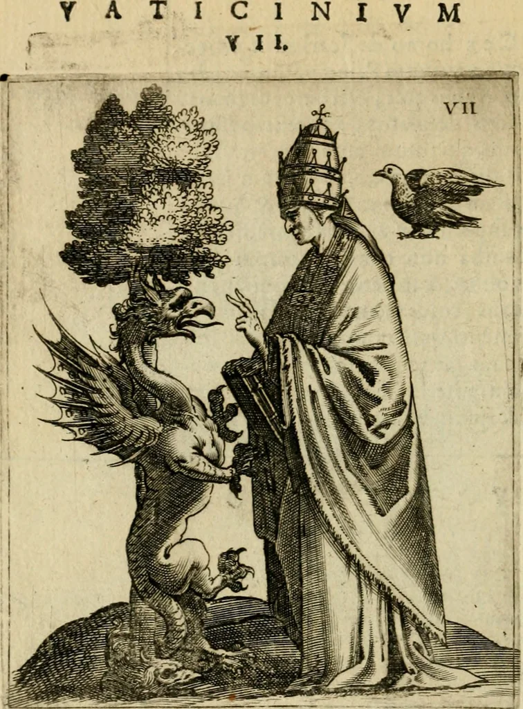 An illustration from Vaticinia, siue, Prophetiae abbatis Joachimi & Anselmi episcopi Marsicani : cum imaginibus aere incisis, correctione et pulcritudine, plurium manuscriptorum exemplariu op[er]e ... : qvibvs rota et oraculum turcicum maxime considerationis adiecta sunt : vna cum praefatione et adnotationibus Paschalini Regiselmi = Vaticinii, ouero, Profetie dell'abbate Gioachino & di Anselmo vescovo di Marsico .., 1589, leaf 49