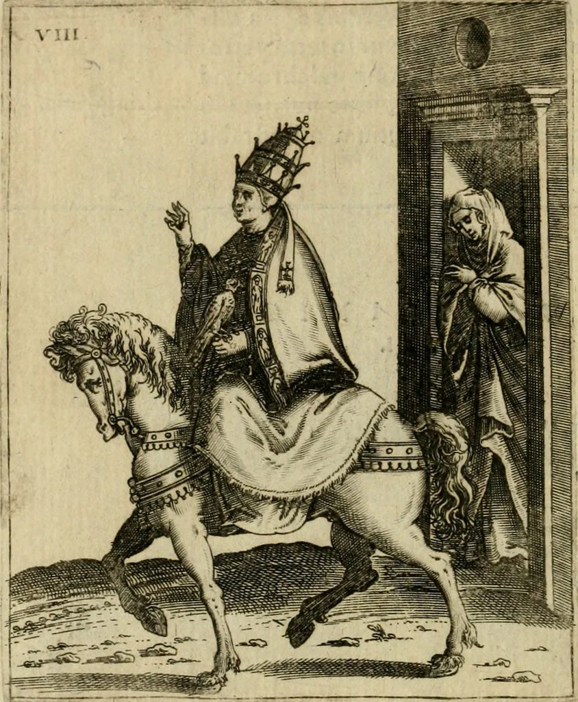 An illustration from Vaticinia, siue, Prophetiae abbatis Joachimi & Anselmi episcopi Marsicani : cum imaginibus aere incisis, correctione et pulcritudine, plurium manuscriptorum exemplariu op[er]e ... : qvibvs rota et oraculum turcicum maxime considerationis adiecta sunt : vna cum praefatione et adnotationibus Paschalini Regiselmi = Vaticinii, ouero, Profetie dell'abbate Gioachino & di Anselmo vescovo di Marsico .., 1589, leaf 51
