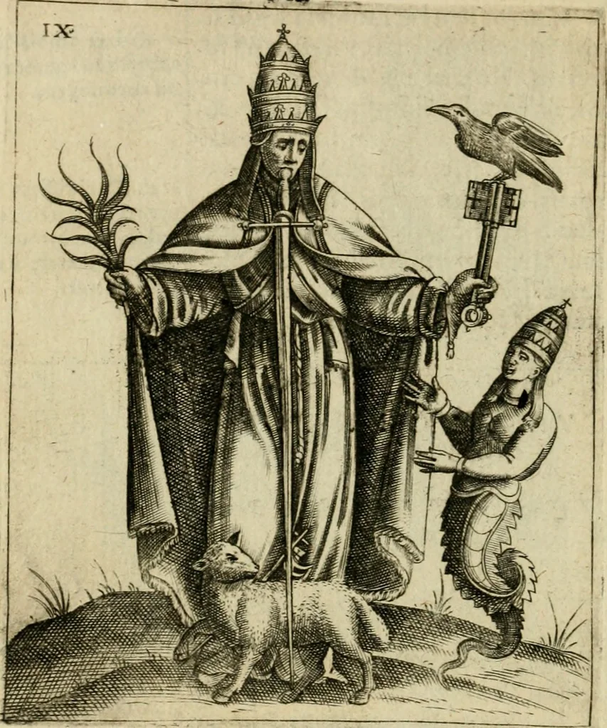 An illustration from Vaticinia, siue, Prophetiae abbatis Joachimi & Anselmi episcopi Marsicani : cum imaginibus aere incisis, correctione et pulcritudine, plurium manuscriptorum exemplariu op[er]e ... : qvibvs rota et oraculum turcicum maxime considerationis adiecta sunt : vna cum praefatione et adnotationibus Paschalini Regiselmi = Vaticinii, ouero, Profetie dell'abbate Gioachino & di Anselmo vescovo di Marsico .., 1589, leaf 53
