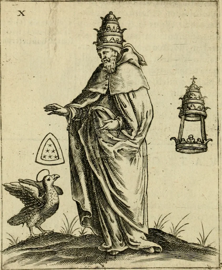 An illustration from Vaticinia, siue, Prophetiae abbatis Joachimi & Anselmi episcopi Marsicani : cum imaginibus aere incisis, correctione et pulcritudine, plurium manuscriptorum exemplariu op[er]e ... : qvibvs rota et oraculum turcicum maxime considerationis adiecta sunt : vna cum praefatione et adnotationibus Paschalini Regiselmi = Vaticinii, ouero, Profetie dell'abbate Gioachino & di Anselmo vescovo di Marsico .., 1589, leaf 55