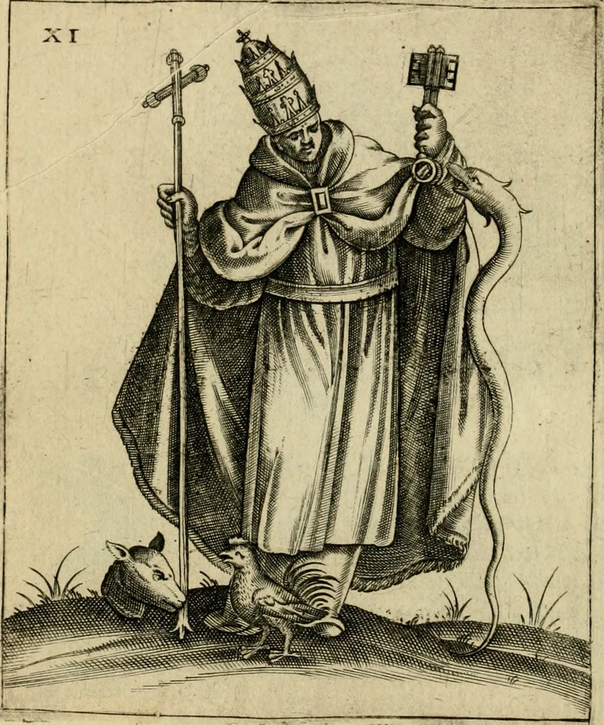 An illustration from Vaticinia, siue, Prophetiae abbatis Joachimi & Anselmi episcopi Marsicani : cum imaginibus aere incisis, correctione et pulcritudine, plurium manuscriptorum exemplariu op[er]e ... : qvibvs rota et oraculum turcicum maxime considerationis adiecta sunt : vna cum praefatione et adnotationibus Paschalini Regiselmi = Vaticinii, ouero, Profetie dell'abbate Gioachino & di Anselmo vescovo di Marsico .., 1589, leaf 57