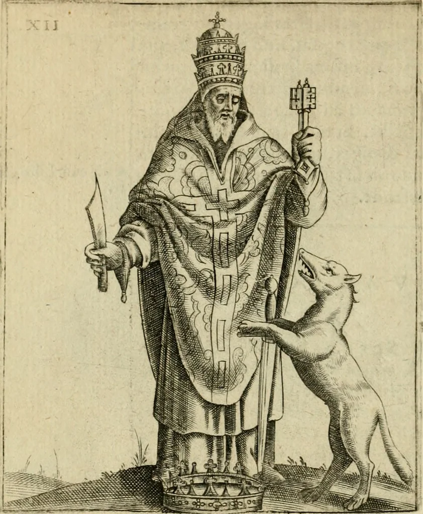 An illustration from Vaticinia, siue, Prophetiae abbatis Joachimi & Anselmi episcopi Marsicani : cum imaginibus aere incisis, correctione et pulcritudine, plurium manuscriptorum exemplariu op[er]e ... : qvibvs rota et oraculum turcicum maxime considerationis adiecta sunt : vna cum praefatione et adnotationibus Paschalini Regiselmi = Vaticinii, ouero, Profetie dell'abbate Gioachino & di Anselmo vescovo di Marsico .., 1589, leaf 59
