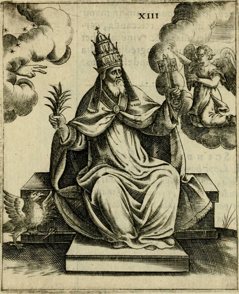 An illustration from Vaticinia, siue, Prophetiae abbatis Joachimi & Anselmi episcopi Marsicani : cum imaginibus aere incisis, correctione et pulcritudine, plurium manuscriptorum exemplariu op[er]e ... : qvibvs rota et oraculum turcicum maxime considerationis adiecta sunt : vna cum praefatione et adnotationibus Paschalini Regiselmi = Vaticinii, ouero, Profetie dell'abbate Gioachino & di Anselmo vescovo di Marsico .., 1589, leaf 61
