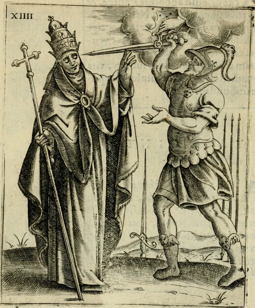 An illustration from Vaticinia, siue, Prophetiae abbatis Joachimi & Anselmi episcopi Marsicani : cum imaginibus aere incisis, correctione et pulcritudine, plurium manuscriptorum exemplariu op[er]e ... : qvibvs rota et oraculum turcicum maxime considerationis adiecta sunt : vna cum praefatione et adnotationibus Paschalini Regiselmi = Vaticinii, ouero, Profetie dell'abbate Gioachino & di Anselmo vescovo di Marsico .., 1589, leaf 63