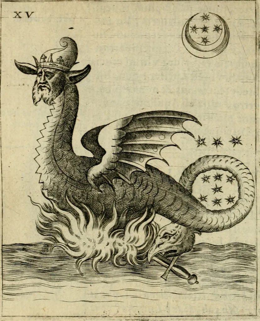 An illustration from Vaticinia, siue, Prophetiae abbatis Joachimi & Anselmi episcopi Marsicani : cum imaginibus aere incisis, correctione et pulcritudine, plurium manuscriptorum exemplariu op[er]e ... : qvibvs rota et oraculum turcicum maxime considerationis adiecta sunt : vna cum praefatione et adnotationibus Paschalini Regiselmi = Vaticinii, ouero, Profetie dell'abbate Gioachino & di Anselmo vescovo di Marsico .., 1589, leaf 65