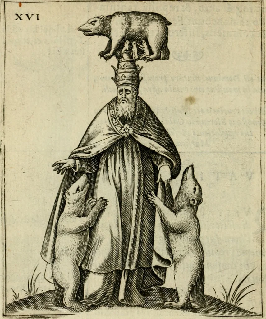 An illustration from Vaticinia, siue, Prophetiae abbatis Joachimi & Anselmi episcopi Marsicani : cum imaginibus aere incisis, correctione et pulcritudine, plurium manuscriptorum exemplariu op[er]e ... : qvibvs rota et oraculum turcicum maxime considerationis adiecta sunt : vna cum praefatione et adnotationibus Paschalini Regiselmi = Vaticinii, ouero, Profetie dell'abbate Gioachino & di Anselmo vescovo di Marsico .., 1589, leaf 67