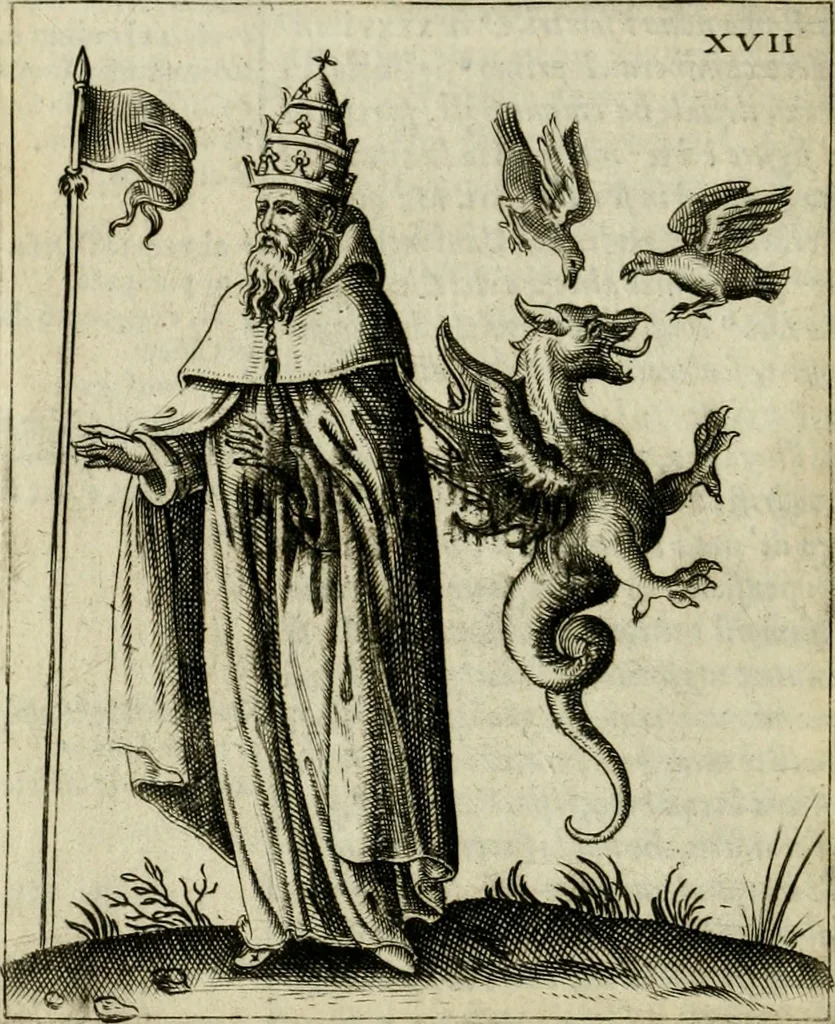 An illustration from Vaticinia, siue, Prophetiae abbatis Joachimi & Anselmi episcopi Marsicani : cum imaginibus aere incisis, correctione et pulcritudine, plurium manuscriptorum exemplariu op[er]e ... : qvibvs rota et oraculum turcicum maxime considerationis adiecta sunt : vna cum praefatione et adnotationibus Paschalini Regiselmi = Vaticinii, ouero, Profetie dell'abbate Gioachino & di Anselmo vescovo di Marsico .., 1589, leaf 71