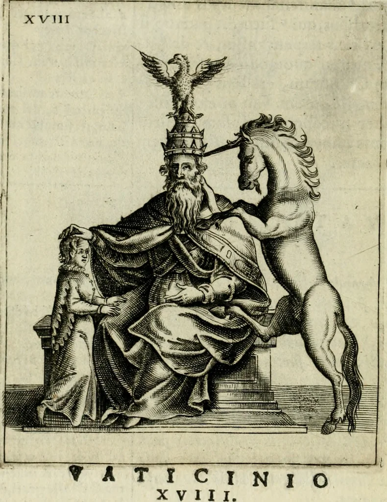 An illustration from Vaticinia, siue, Prophetiae abbatis Joachimi & Anselmi episcopi Marsicani : cum imaginibus aere incisis, correctione et pulcritudine, plurium manuscriptorum exemplariu op[er]e ... : qvibvs rota et oraculum turcicum maxime considerationis adiecta sunt : vna cum praefatione et adnotationibus Paschalini Regiselmi = Vaticinii, ouero, Profetie dell'abbate Gioachino & di Anselmo vescovo di Marsico .., 1589, leaf 73