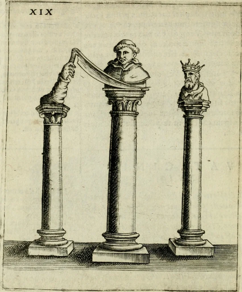 An illustration from Vaticinia, siue, Prophetiae abbatis Joachimi & Anselmi episcopi Marsicani : cum imaginibus aere incisis, correctione et pulcritudine, plurium manuscriptorum exemplariu op[er]e ... : qvibvs rota et oraculum turcicum maxime considerationis adiecta sunt : vna cum praefatione et adnotationibus Paschalini Regiselmi = Vaticinii, ouero, Profetie dell'abbate Gioachino & di Anselmo vescovo di Marsico .., 1589, leaf 75