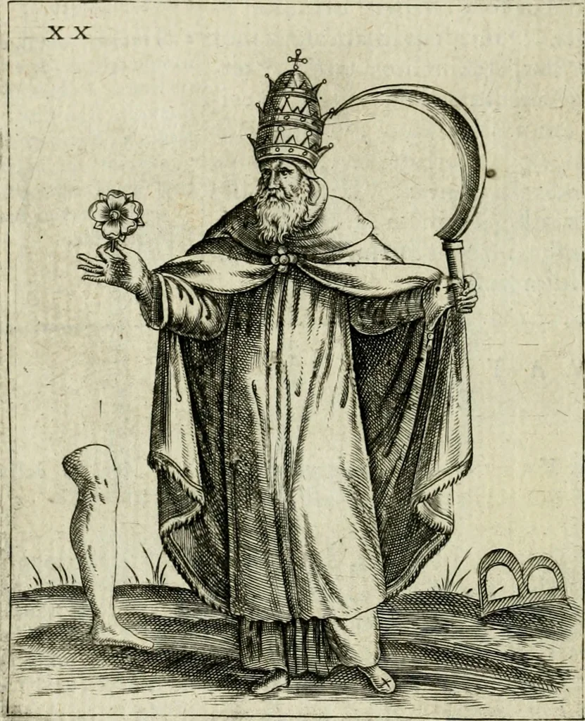 An illustration from Vaticinia, siue, Prophetiae abbatis Joachimi & Anselmi episcopi Marsicani : cum imaginibus aere incisis, correctione et pulcritudine, plurium manuscriptorum exemplariu op[er]e ... : qvibvs rota et oraculum turcicum maxime considerationis adiecta sunt : vna cum praefatione et adnotationibus Paschalini Regiselmi = Vaticinii, ouero, Profetie dell'abbate Gioachino & di Anselmo vescovo di Marsico .., 1589, leaf 77