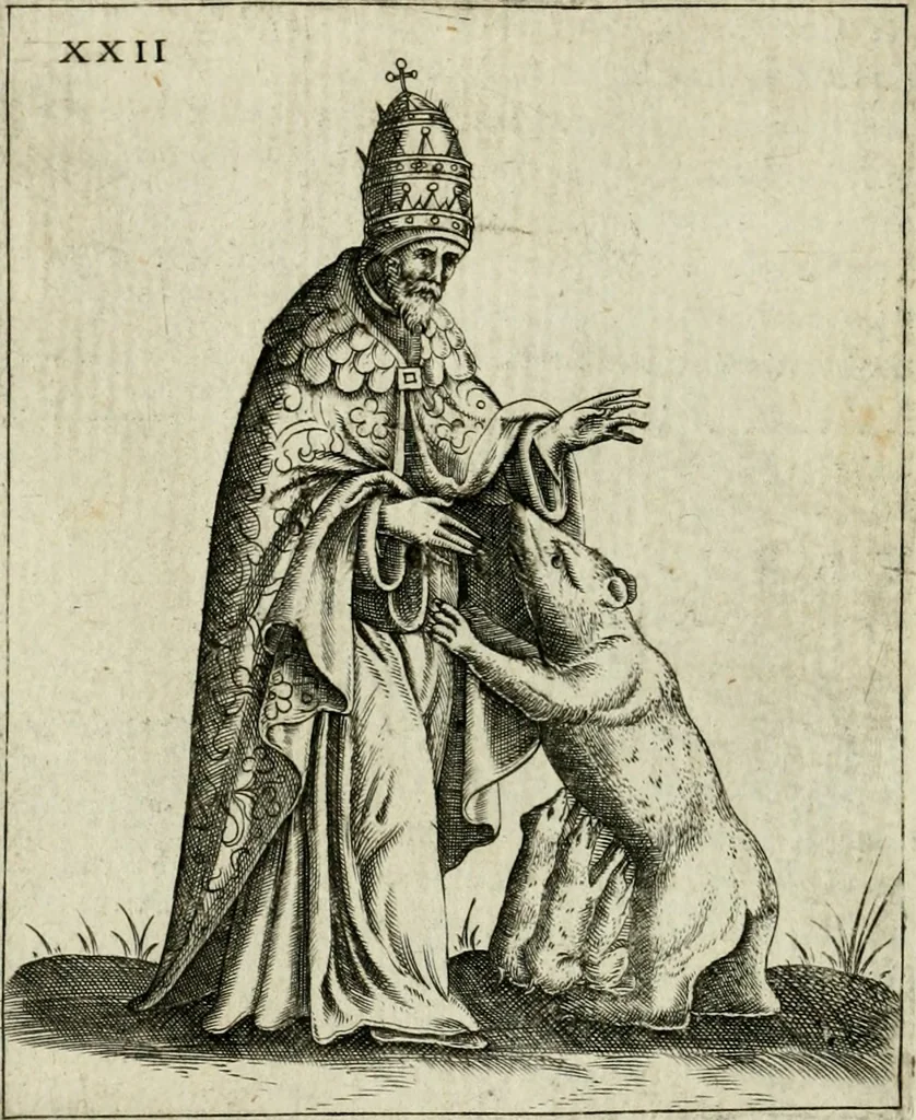 An illustration from Vaticinia, siue, Prophetiae abbatis Joachimi & Anselmi episcopi Marsicani : cum imaginibus aere incisis, correctione et pulcritudine, plurium manuscriptorum exemplariu op[er]e ... : qvibvs rota et oraculum turcicum maxime considerationis adiecta sunt : vna cum praefatione et adnotationibus Paschalini Regiselmi = Vaticinii, ouero, Profetie dell'abbate Gioachino & di Anselmo vescovo di Marsico .., 1589, leaf 81