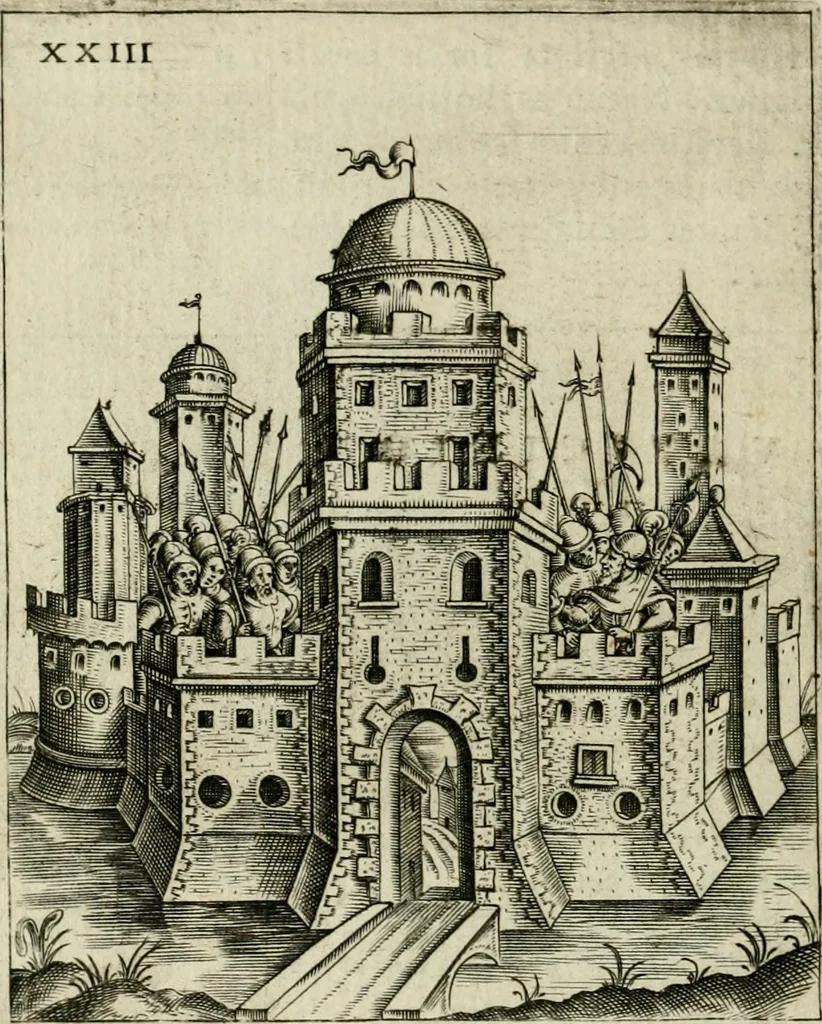 An illustration from Vaticinia, siue, Prophetiae abbatis Joachimi & Anselmi episcopi Marsicani : cum imaginibus aere incisis, correctione et pulcritudine, plurium manuscriptorum exemplariu op[er]e ... : qvibvs rota et oraculum turcicum maxime considerationis adiecta sunt : vna cum praefatione et adnotationibus Paschalini Regiselmi = Vaticinii, ouero, Profetie dell'abbate Gioachino & di Anselmo vescovo di Marsico .., 1589, leaf 83