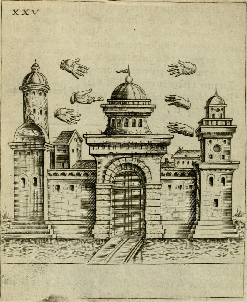 An illustration from Vaticinia, siue, Prophetiae abbatis Joachimi & Anselmi episcopi Marsicani : cum imaginibus aere incisis, correctione et pulcritudine, plurium manuscriptorum exemplariu op[er]e ... : qvibvs rota et oraculum turcicum maxime considerationis adiecta sunt : vna cum praefatione et adnotationibus Paschalini Regiselmi = Vaticinii, ouero, Profetie dell'abbate Gioachino & di Anselmo vescovo di Marsico .., 1589, leaf 87