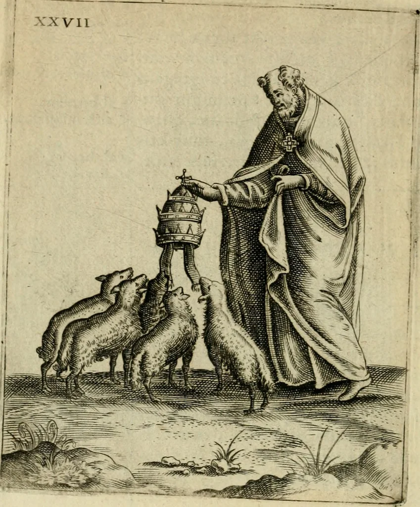 An illustration from Vaticinia, siue, Prophetiae abbatis Joachimi & Anselmi episcopi Marsicani : cum imaginibus aere incisis, correctione et pulcritudine, plurium manuscriptorum exemplariu op[er]e ... : qvibvs rota et oraculum turcicum maxime considerationis adiecta sunt : vna cum praefatione et adnotationibus Paschalini Regiselmi = Vaticinii, ouero, Profetie dell'abbate Gioachino & di Anselmo vescovo di Marsico .., 1589, leaf 91