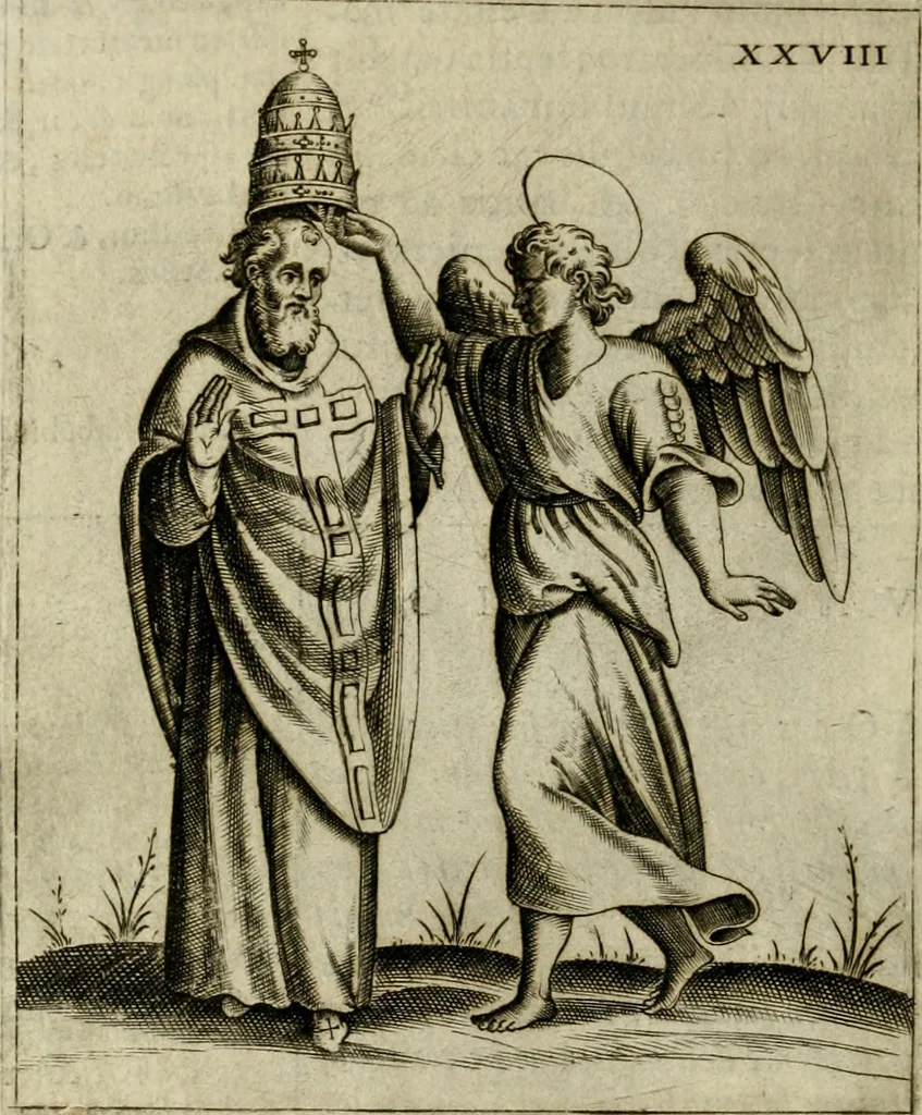 An illustration from Vaticinia, siue, Prophetiae abbatis Joachimi & Anselmi episcopi Marsicani : cum imaginibus aere incisis, correctione et pulcritudine, plurium manuscriptorum exemplariu op[er]e ... : qvibvs rota et oraculum turcicum maxime considerationis adiecta sunt : vna cum praefatione et adnotationibus Paschalini Regiselmi = Vaticinii, ouero, Profetie dell'abbate Gioachino & di Anselmo vescovo di Marsico .., 1589, leaf 93