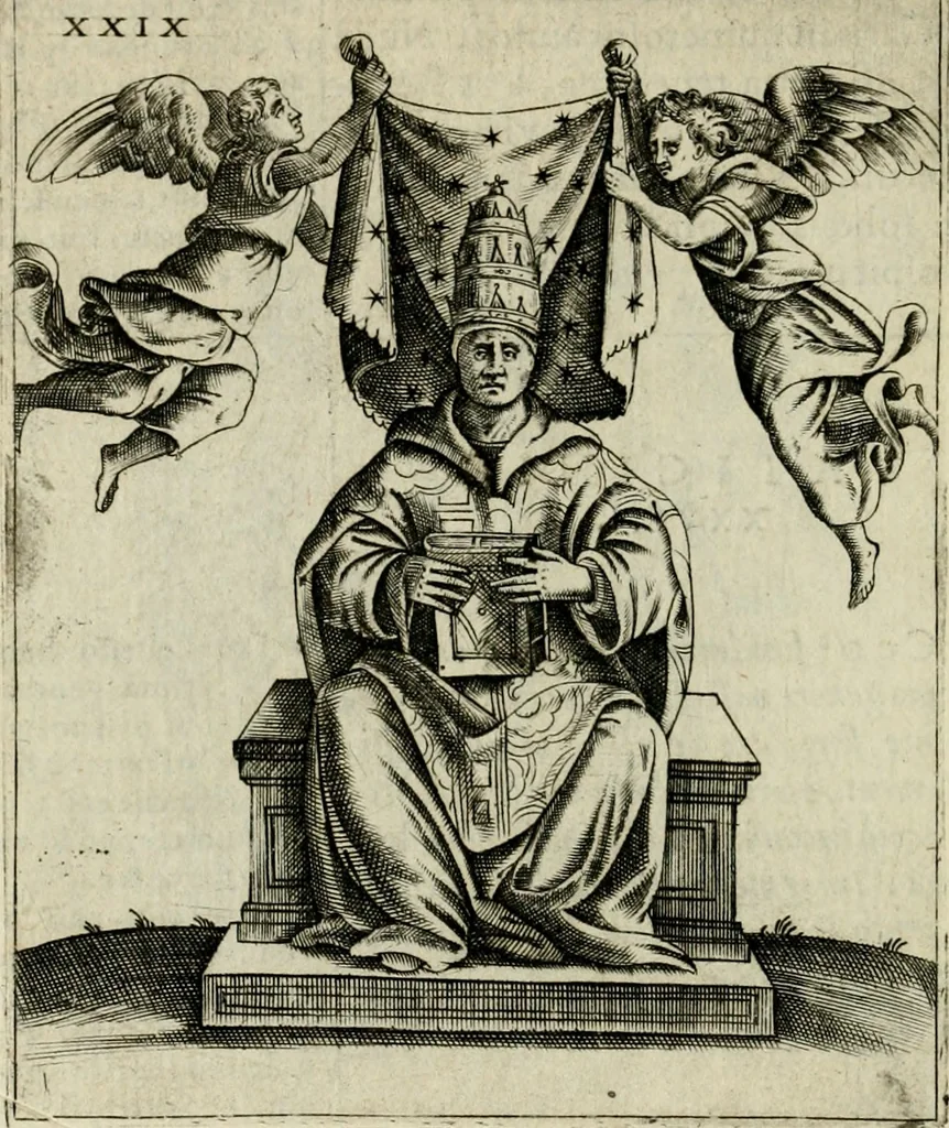 An illustration from Vaticinia, siue, Prophetiae abbatis Joachimi & Anselmi episcopi Marsicani : cum imaginibus aere incisis, correctione et pulcritudine, plurium manuscriptorum exemplariu op[er]e ... : qvibvs rota et oraculum turcicum maxime considerationis adiecta sunt : vna cum praefatione et adnotationibus Paschalini Regiselmi = Vaticinii, ouero, Profetie dell'abbate Gioachino & di Anselmo vescovo di Marsico .., 1589, leaf 95