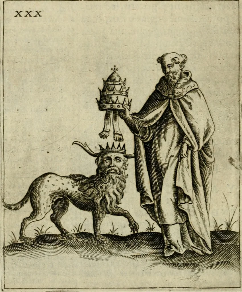 An illustration from Vaticinia, siue, Prophetiae abbatis Joachimi & Anselmi episcopi Marsicani : cum imaginibus aere incisis, correctione et pulcritudine, plurium manuscriptorum exemplariu op[er]e ... : qvibvs rota et oraculum turcicum maxime considerationis adiecta sunt : vna cum praefatione et adnotationibus Paschalini Regiselmi = Vaticinii, ouero, Profetie dell'abbate Gioachino & di Anselmo vescovo di Marsico .., 1589, leaf 97