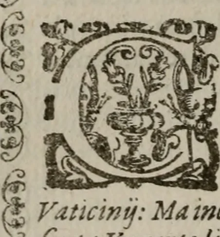 An illustration from Vaticinia, siue Prophetiae Abbatis Ioachimi, & Anselmi Episcopi Marsicani : cum imaginibus aere incisis, correctione, et pulcritudine, plurium manuscriptorum exemplariu[m] op[er]e, et uariu[m] imaginu[m] tabulis, et delineationibu[s] alijs antehac impressis longè praestantiora; quibus rota, et oraculum Turcicum maxime considerationis adiecta sunt, 1600, leaf 119