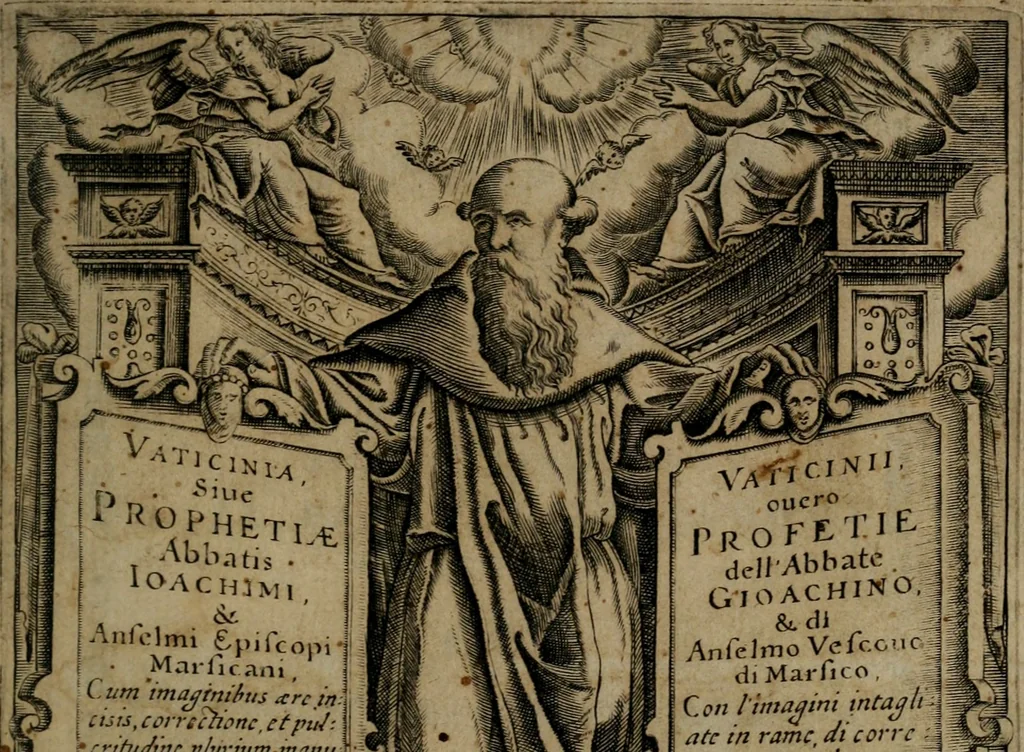 An illustration from Vaticinia, siue Prophetiae Abbatis Ioachimi, & Anselmi Episcopi Marsicani : cum imaginibus aere incisis, correctione, et pulcritudine, plurium manuscriptorum exemplariu[m] op[er]e, et uariu[m] imaginu[m] tabulis, et delineationibu[s] alijs antehac impressis longè praestantiora; quibus rota, et oraculum Turcicum maxime considerationis adiecta sunt, 1600, leaf 2