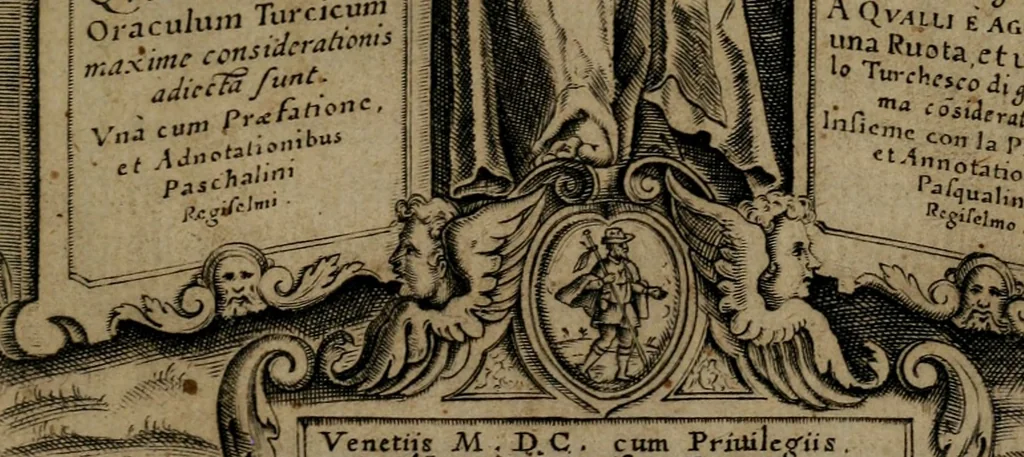 An illustration from Vaticinia, siue Prophetiae Abbatis Ioachimi, & Anselmi Episcopi Marsicani : cum imaginibus aere incisis, correctione, et pulcritudine, plurium manuscriptorum exemplariu[m] op[er]e, et uariu[m] imaginu[m] tabulis, et delineationibu[s] alijs antehac impressis longè praestantiora; quibus rota, et oraculum Turcicum maxime considerationis adiecta sunt, 1600, leaf 2