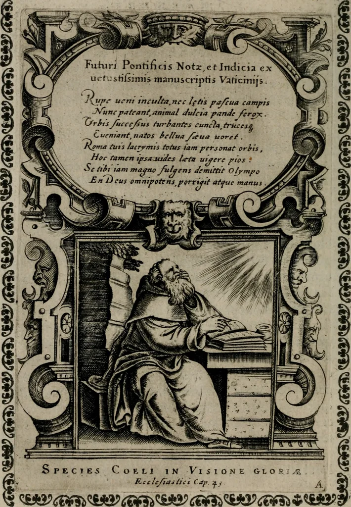 An illustration from Vaticinia, siue Prophetiae Abbatis Ioachimi, & Anselmi Episcopi Marsicani : cum imaginibus aere incisis, correctione, et pulcritudine, plurium manuscriptorum exemplariu[m] op[er]e, et uariu[m] imaginu[m] tabulis, et delineationibu[s] alijs antehac impressis longè praestantiora; quibus rota, et oraculum Turcicum maxime considerationis adiecta sunt, 1600, leaf 25