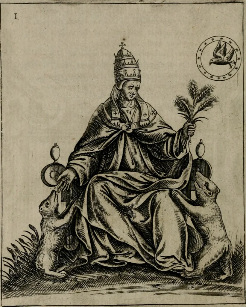 An illustration from Vaticinia, siue Prophetiae Abbatis Ioachimi, & Anselmi Episcopi Marsicani : cum imaginibus aere incisis, correctione, et pulcritudine, plurium manuscriptorum exemplariu[m] op[er]e, et uariu[m] imaginu[m] tabulis, et delineationibu[s] alijs antehac impressis longè praestantiora; quibus rota, et oraculum Turcicum maxime considerationis adiecta sunt, 1600, leaf 35