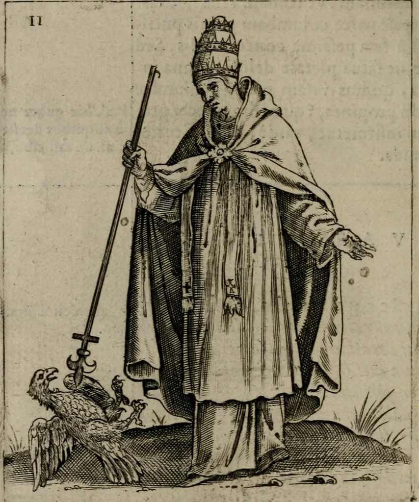 An illustration from Vaticinia, siue Prophetiae Abbatis Ioachimi, & Anselmi Episcopi Marsicani : cum imaginibus aere incisis, correctione, et pulcritudine, plurium manuscriptorum exemplariu[m] op[er]e, et uariu[m] imaginu[m] tabulis, et delineationibu[s] alijs antehac impressis longè praestantiora; quibus rota, et oraculum Turcicum maxime considerationis adiecta sunt, 1600, leaf 37