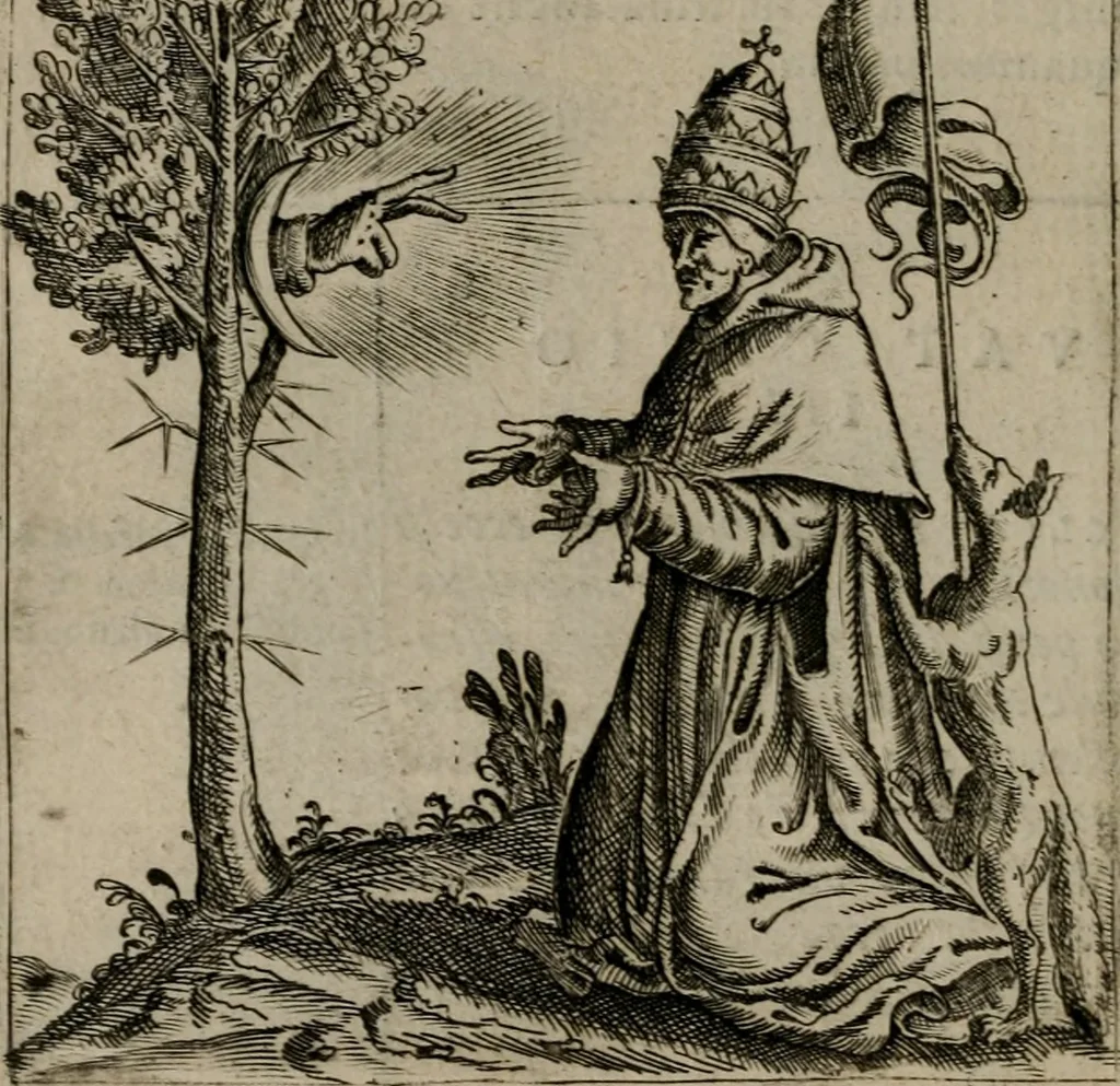 An illustration from Vaticinia, siue Prophetiae Abbatis Ioachimi, & Anselmi Episcopi Marsicani : cum imaginibus aere incisis, correctione, et pulcritudine, plurium manuscriptorum exemplariu[m] op[er]e, et uariu[m] imaginu[m] tabulis, et delineationibu[s] alijs antehac impressis longè praestantiora; quibus rota, et oraculum Turcicum maxime considerationis adiecta sunt, 1600, leaf 41
