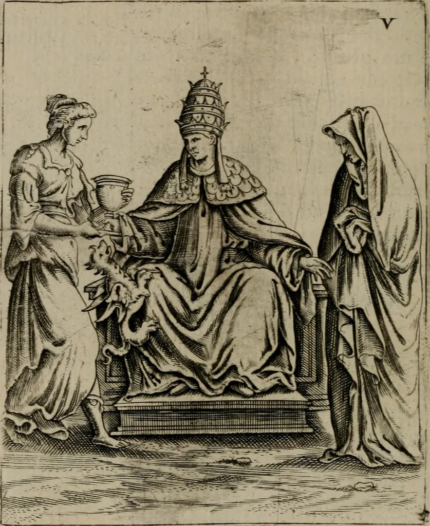 An illustration from Vaticinia, siue Prophetiae Abbatis Ioachimi, & Anselmi Episcopi Marsicani : cum imaginibus aere incisis, correctione, et pulcritudine, plurium manuscriptorum exemplariu[m] op[er]e, et uariu[m] imaginu[m] tabulis, et delineationibu[s] alijs antehac impressis longè praestantiora; quibus rota, et oraculum Turcicum maxime considerationis adiecta sunt, 1600, leaf 43