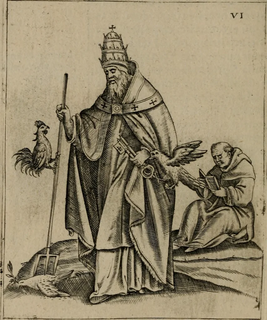 An illustration from Vaticinia, siue Prophetiae Abbatis Ioachimi, & Anselmi Episcopi Marsicani : cum imaginibus aere incisis, correctione, et pulcritudine, plurium manuscriptorum exemplariu[m] op[er]e, et uariu[m] imaginu[m] tabulis, et delineationibu[s] alijs antehac impressis longè praestantiora; quibus rota, et oraculum Turcicum maxime considerationis adiecta sunt, 1600, leaf 45