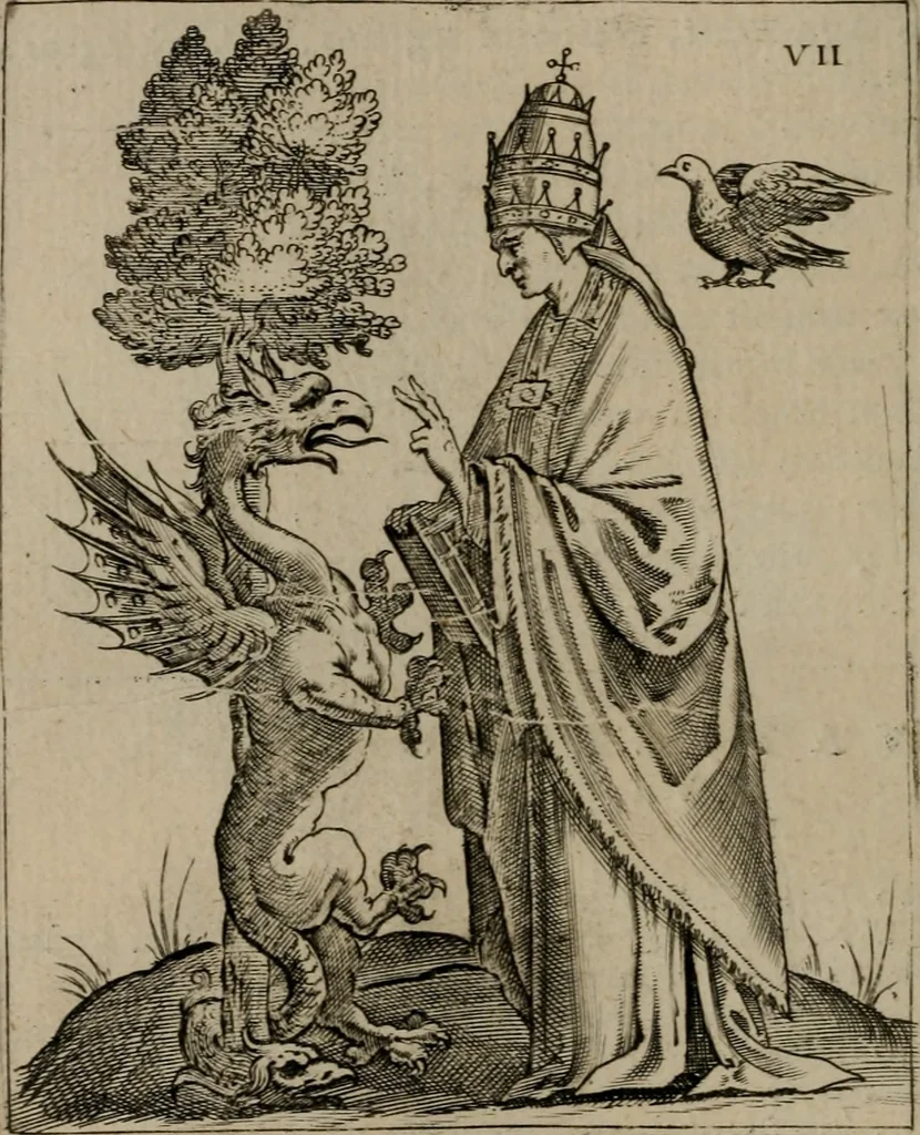 An illustration from Vaticinia, siue Prophetiae Abbatis Ioachimi, & Anselmi Episcopi Marsicani : cum imaginibus aere incisis, correctione, et pulcritudine, plurium manuscriptorum exemplariu[m] op[er]e, et uariu[m] imaginu[m] tabulis, et delineationibu[s] alijs antehac impressis longè praestantiora; quibus rota, et oraculum Turcicum maxime considerationis adiecta sunt, 1600, leaf 47