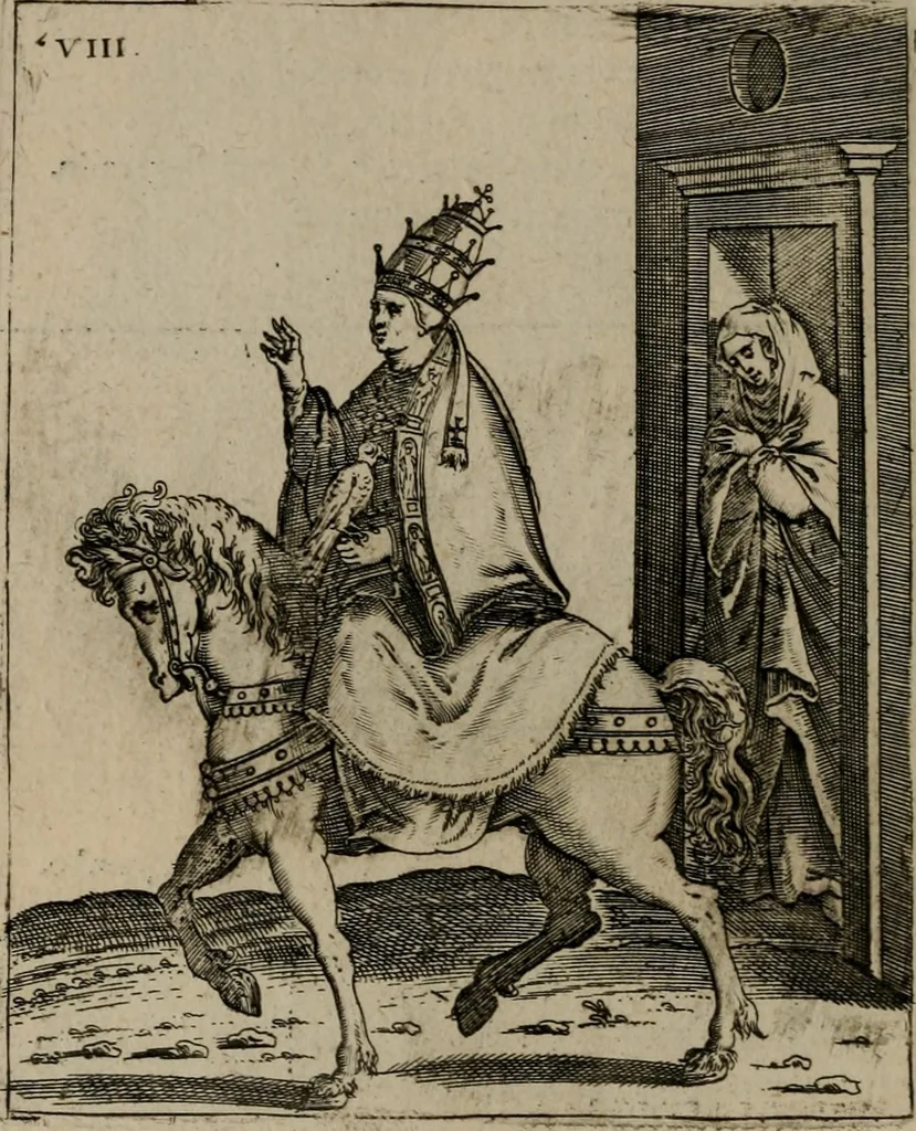 An illustration from Vaticinia, siue Prophetiae Abbatis Ioachimi, & Anselmi Episcopi Marsicani : cum imaginibus aere incisis, correctione, et pulcritudine, plurium manuscriptorum exemplariu[m] op[er]e, et uariu[m] imaginu[m] tabulis, et delineationibu[s] alijs antehac impressis longè praestantiora; quibus rota, et oraculum Turcicum maxime considerationis adiecta sunt, 1600, leaf 49